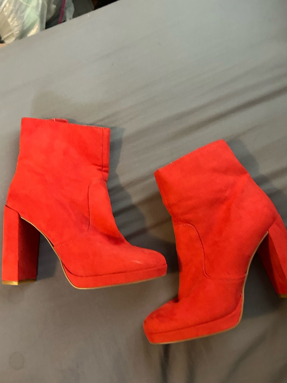 Red Suede Block Heel Ankle Boots - Women